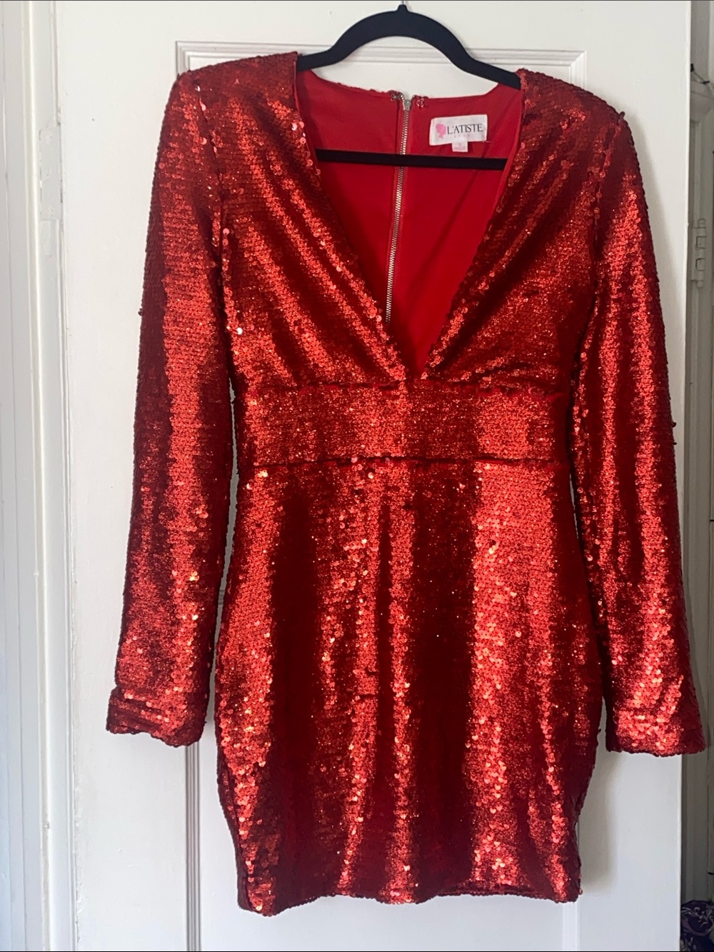L'ATISTE Red Sequin Plunge V-Neck Long Sleeve Mini Dress